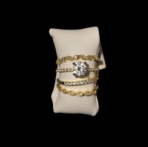 4-Piece Gold Bridal Ring Set - Round Cut Solitaire & Eternity Stacking Bands